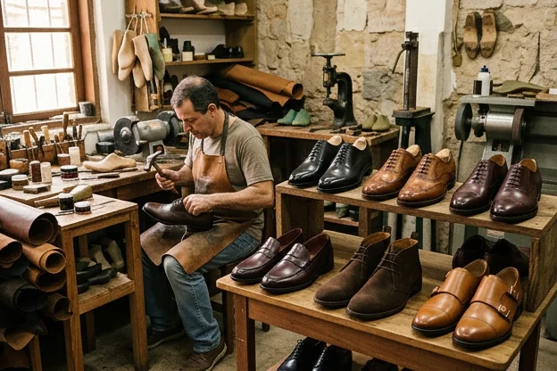 Exibição de sapatos sociais em Curitiba.