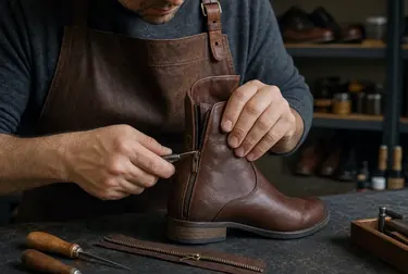Sapateiro consertando o zíper de uma bota em Curitiba.