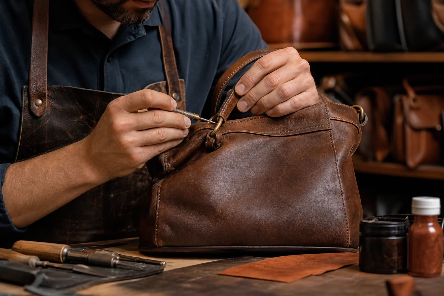 Sapateiro reformando uma bolsa de couro em Curitiba.