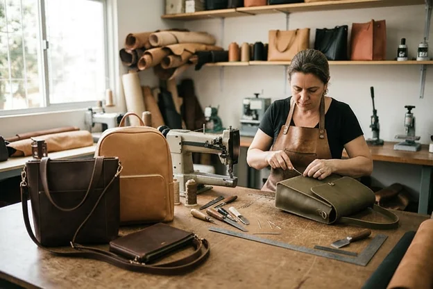 Várias bolsas de couro em exibição em Curitiba.